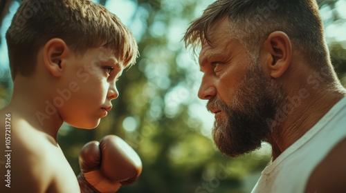 A young boy with boxing gloves faces an older bearded man in an intense, focused moment, set against a blurred natural background, conveying training and mentorship. photo