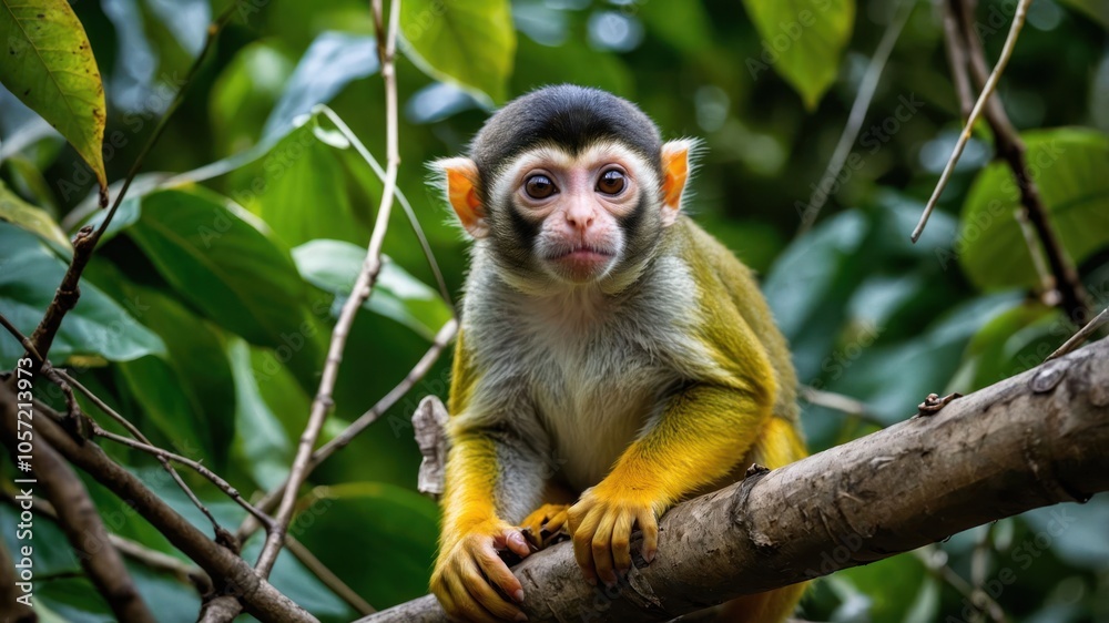 A close-up of a curious monkey perched on a branch amidst lush green foliage. A close-up of a curious monkey perched on a branch amidst lush green foliage.