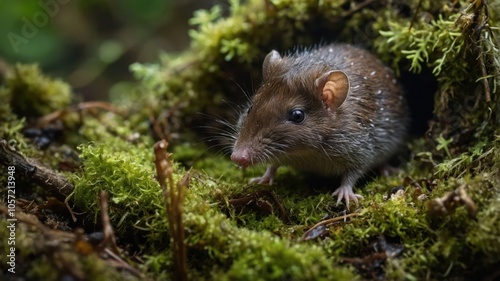 A small mammal peeks out from a mossy burrow in a forest setting.