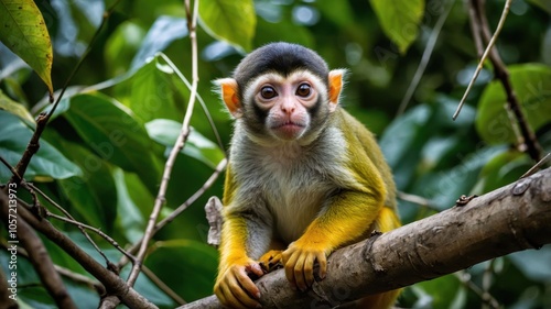 A close-up of a curious monkey perched on a branch amidst lush green foliage.