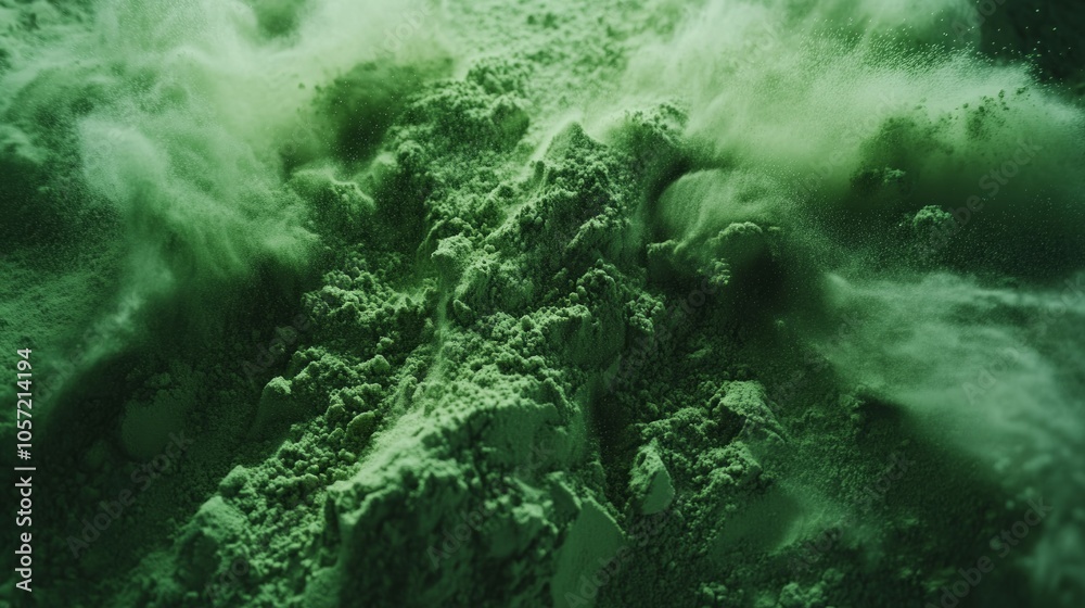 Fototapeta premium Explosion of green powder pile, solid color background,
