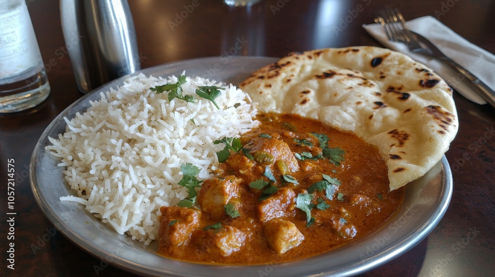 Pub Curry with Rice and Naan - flavorful curry served with rice and warm naan bread Pub Curry with Rice and Naan - flavorful curry served with rice and warm naan bread