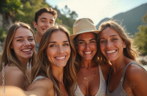 Group of friends enjoying a sunny day outdoors, smiling and taking a selfie in a scenic location surrounded by nature