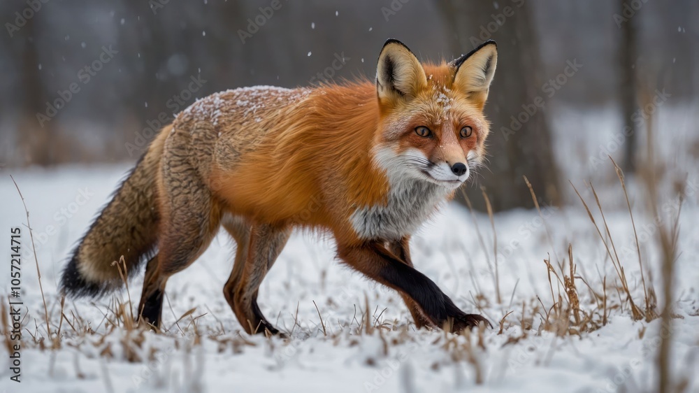 A red fox walking through a snowy landscape, showcasing its vibrant fur and natural habitat. A red fox walking through a snowy landscape, showcasing its vibrant fur and natural habitat.