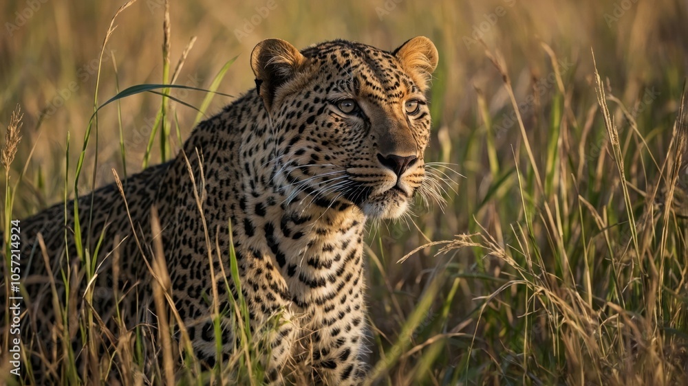 A close-up of a leopard resting in tall grass, showcasing its distinctive spots and alert expression. A close-up of a leopard resting in tall grass, showcasing its distinctive spots and alert expression.