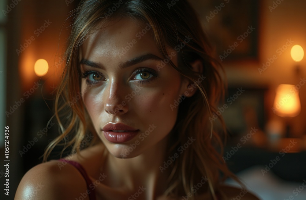 A young woman with captivating eyes relaxes in warm candlelight, showcasing her natural beauty in a cozy room during the evening A young woman with captivating eyes relaxes in warm candlelight, showcasing her natural beauty in a cozy room during the evening