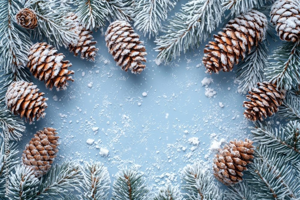 Fototapeta premium Snowy Pine Cones and Branches on a Blue Background