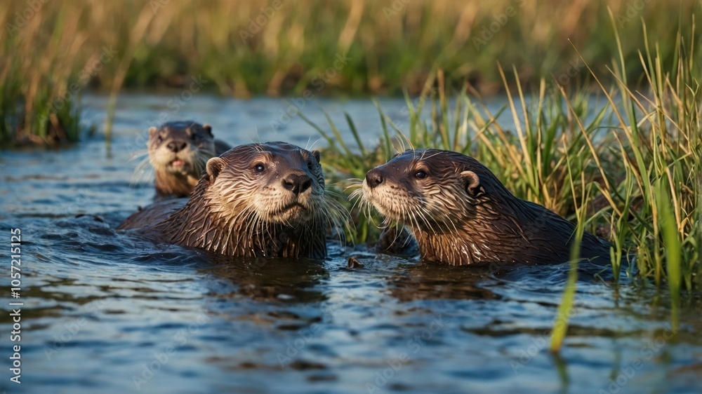 A group of otters swimming in a natural water habitat surrounded by grass. A group of otters swimming in a natural water habitat surrounded by grass.