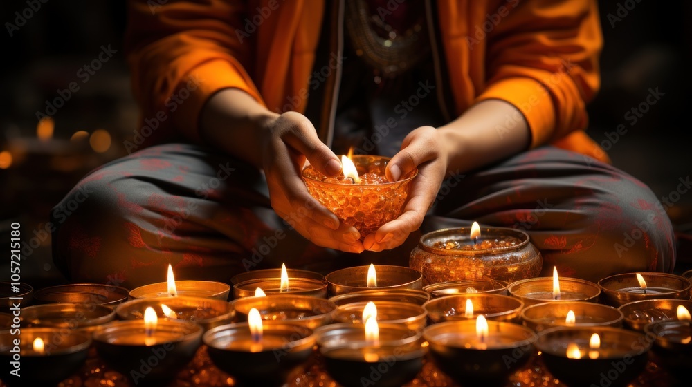 A person holding a lit diya amidst a display of glowing lamps, celebrating a festival.