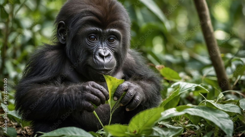 A young gorilla sitting among lush greenery, nibbling on a leaf.