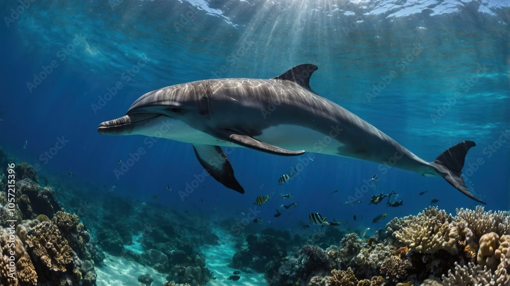 A dolphin swims gracefully through vibrant coral reefs in clear blue water. A dolphin swims gracefully through vibrant coral reefs in clear blue water.