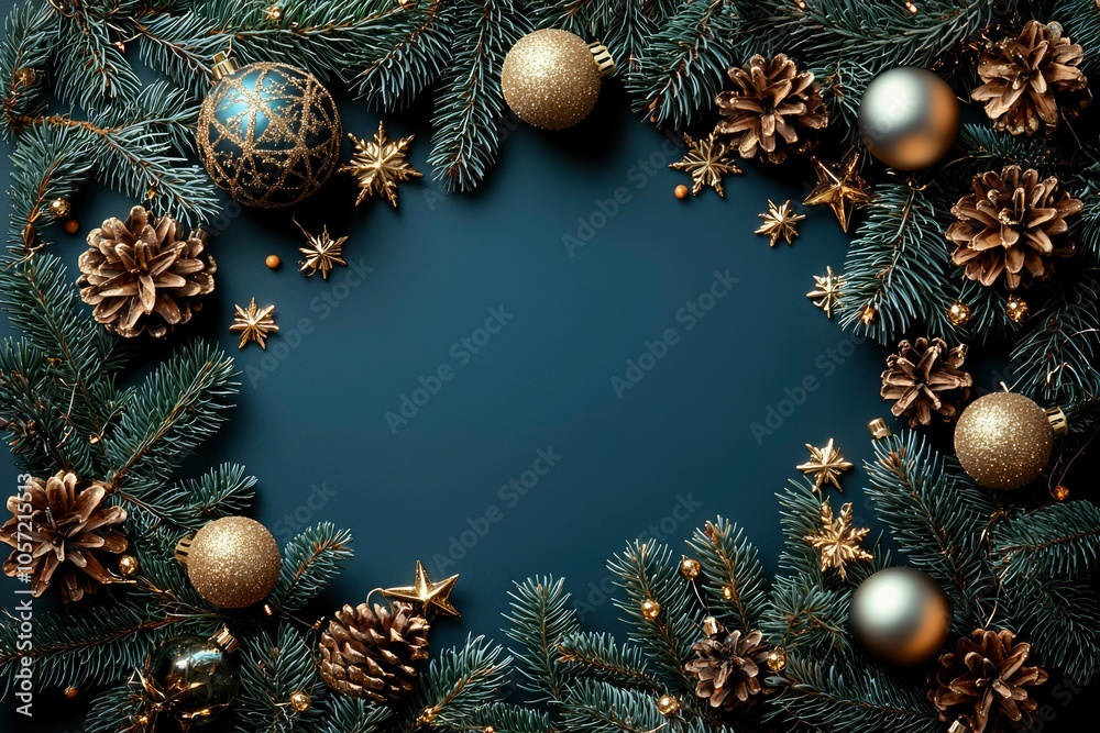 A Festive Frame of Pine Branches, Golden Ornaments, and Pinecones on a Dark Blue Background A Festive Frame of Pine Branches, Golden Ornaments, and Pinecones on a Dark Blue Background