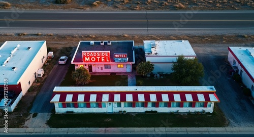 Birds eye of roadside motel with neon signs photo