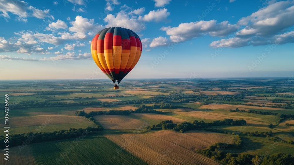 Obraz premium Colorful Hot Air Balloon Soaring Above Lush Green Fields and Blue Skies, Capturing a Breathtaking Aerial Perspective on a Sunny Day