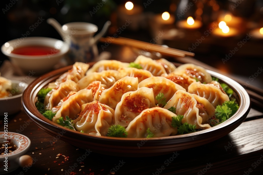 A beautifully arranged plate of dumplings garnished with greens, served in a cozy setting. A beautifully arranged plate of dumplings garnished with greens, served in a cozy setting.