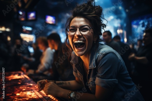 A joyful woman laughing in a lively bar atmosphere.