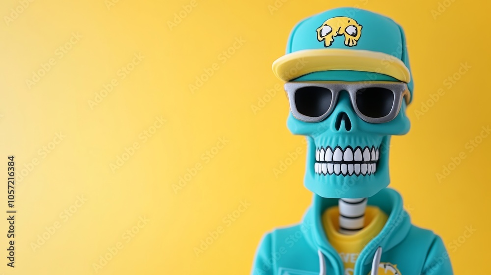 Cool Skeleton Toy with Sunglasses and Cap on Yellow Background Cool Skeleton Toy with Sunglasses and Cap on Yellow Background