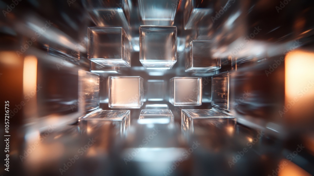 A visionary scene of transparent glass cubes arranged in a tunnel-like formation, glowing with soft light and creating an enigmatic and futuristic visual journey. A visionary scene of transparent glass cubes arranged in a tunnel-like formation, glowing with soft light and creating an enigmatic and futuristic visual journey.