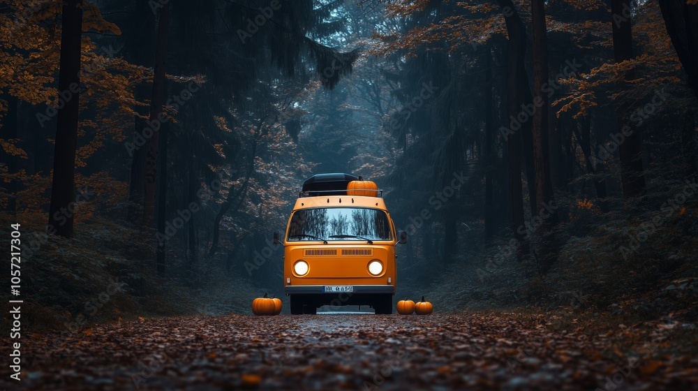 A retro orange van surrounded by pumpkins on a forest path, embodying an autumnal adventure theme in moody woods.