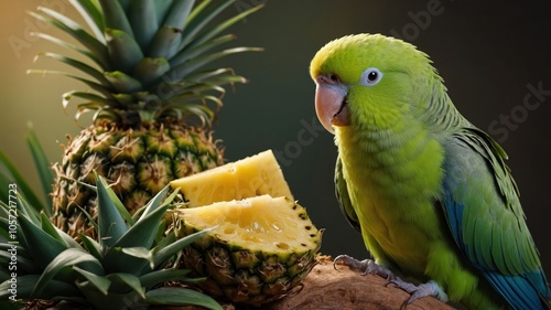 A vibrant green parrot beside a pineapple, showcasing nature's beauty and tropical themes. photo