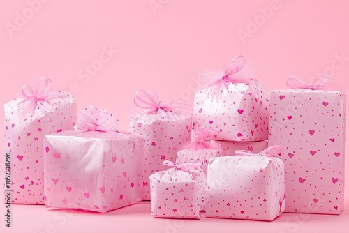 Bright packaging for purchases, gifts and parcels on a pink background. The concept of delivery of gifts and parcels for the holidays valentines day, pleasant surprises. with generative ai