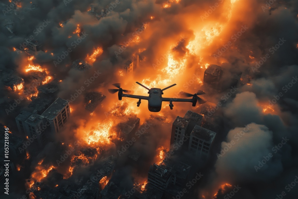 Aerial view of a drone with digital camera flying over burning city Aerial view of a drone with digital camera flying over burning city