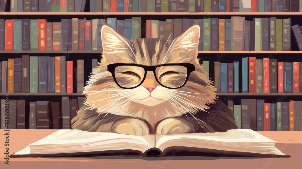 A studious cat wearing glasses reading a book in a cozy library filled with colorful shelves A studious cat wearing glasses reading a book in a cozy library filled with colorful shelves