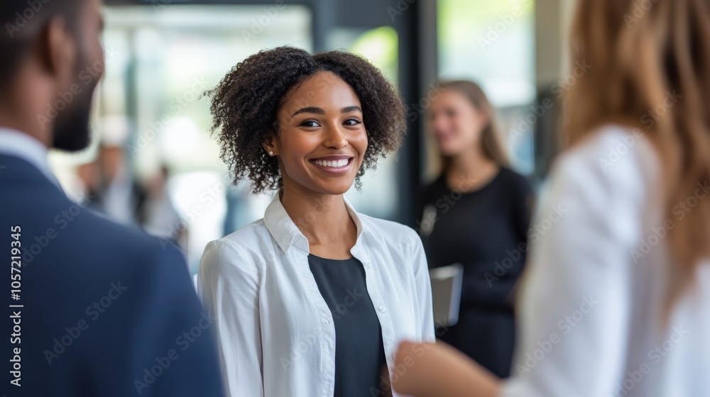 Smiling African American Woman in a White Shirt, Confidently Acknowledging a Job Offer During a Professional Handshake in a Modern Office Setting. Smiling African American Woman in a White Shirt, Confidently Acknowledging a Job Offer During a Professional Handshake in a Modern Office Setting.