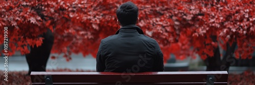 A solitary man sits on a bench, framed by red autumn leaves. photo