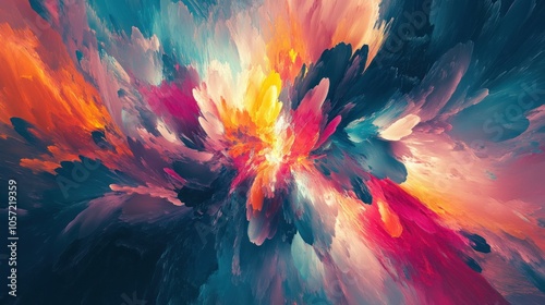 Bright background with a burst of colorful tones, abstract shapes merging in a powerful explosion of colors and light