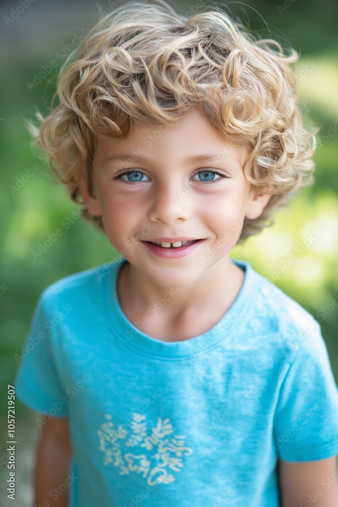 A cheerful child with blue eyes and blonde curls wearing a blue shirt in a sunny outdoor setting. A cheerful child with blue eyes and blonde curls wearing a blue shirt in a sunny outdoor setting.