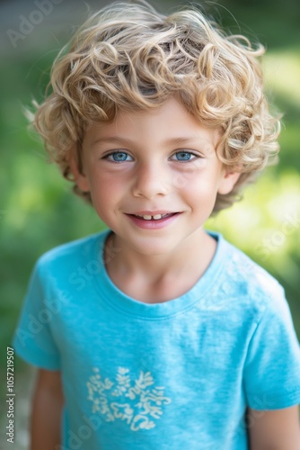 A cheerful child with blue eyes and blonde curls wearing a blue shirt in a sunny outdoor setting.