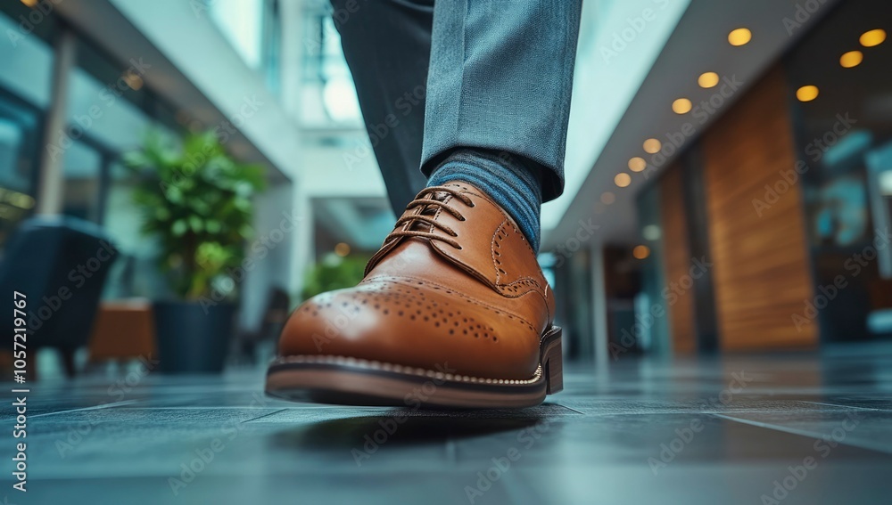 Fototapeta premium Close-up of Brown Leather Brogue Shoe in a Modern Setting