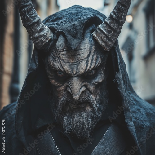 A menacing horned figure in dark robes stares intently forward in gloom.