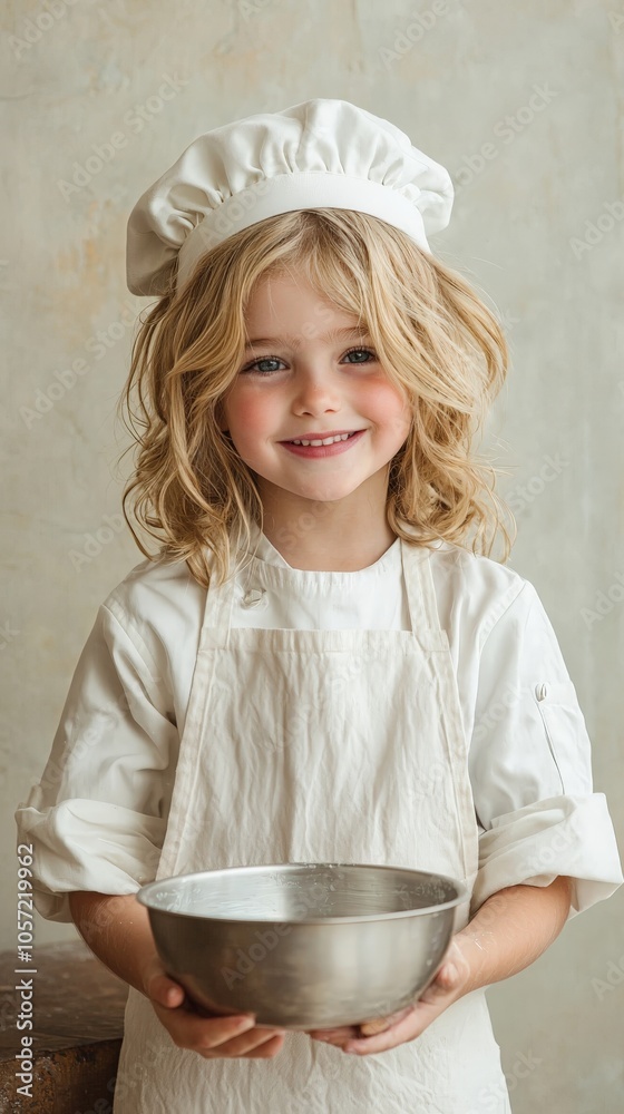 a joyful smiling kid wearing a chefs outfit holding a mixing bowl a joyful smiling kid wearing a chefs outfit holding a mixing bowl