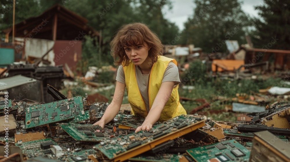 Woman in yellow safety vest dismantling circuit boards in a junkyard