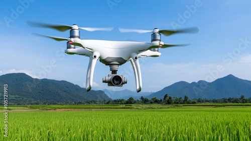 Drone Flying Over Green Rice Field and Mountains