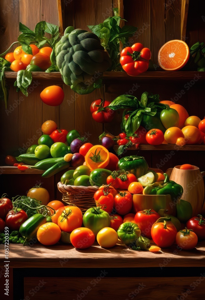 dynamic display colorful fruits vegetables motion rustic kitchen table capturing lively culinary atmosphere, abundance, appetizing, arrangement, autumn dynamic display colorful fruits vegetables motion rustic kitchen table capturing lively culinary atmosphere, abundance, appetizing, arrangement, autumn