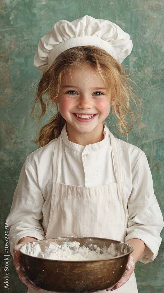 a joyful smiling kid wearing a chefs outfit holding a mixing bowl