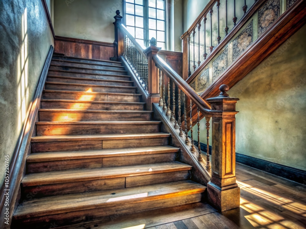 Obraz premium Vintage Light Beam on Empty Stair Steps with Handrail for Atmospheric Photography