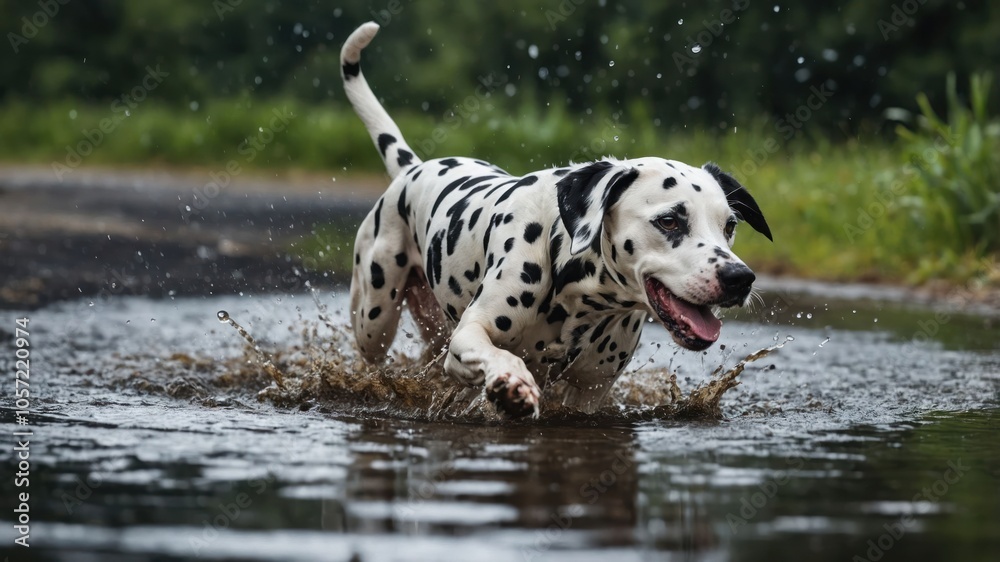 A playful Dalmatian dog splashes through a puddle in a lush outdoor setting. A playful Dalmatian dog splashes through a puddle in a lush outdoor setting.