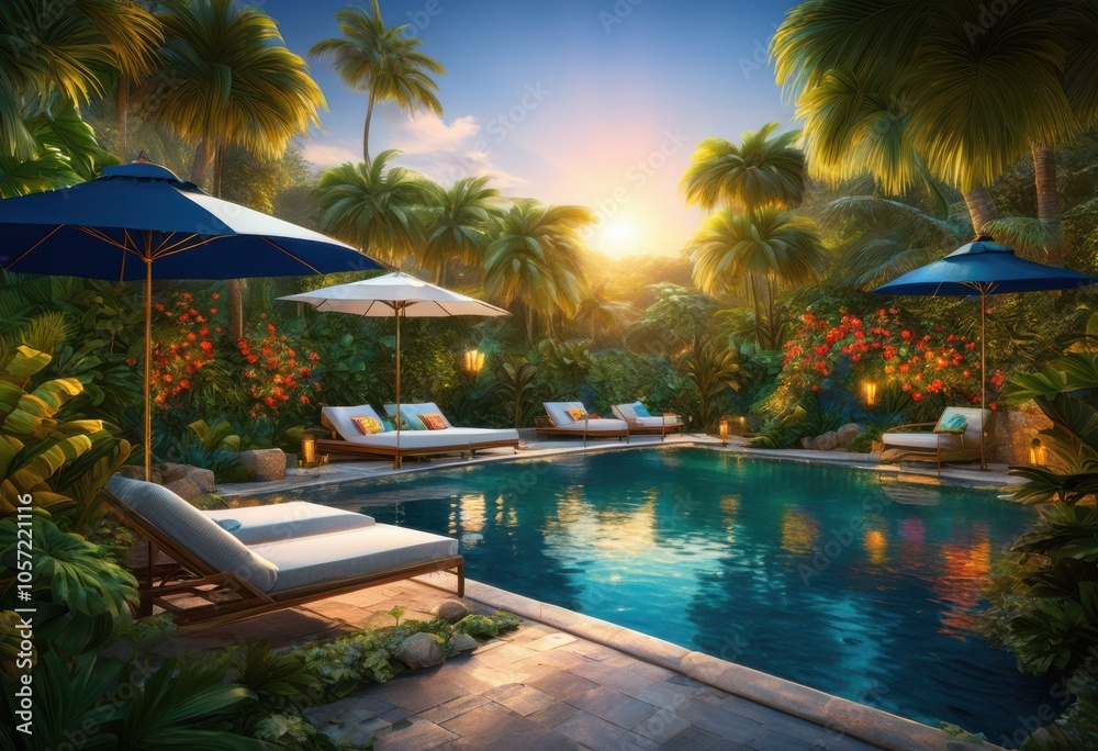 Fototapeta premium colorful poolside oasis featuring lush tropical decor vibrant relaxing lounge areas surrounded luscious greenery, umbrellas, lounges, flowers, drinks