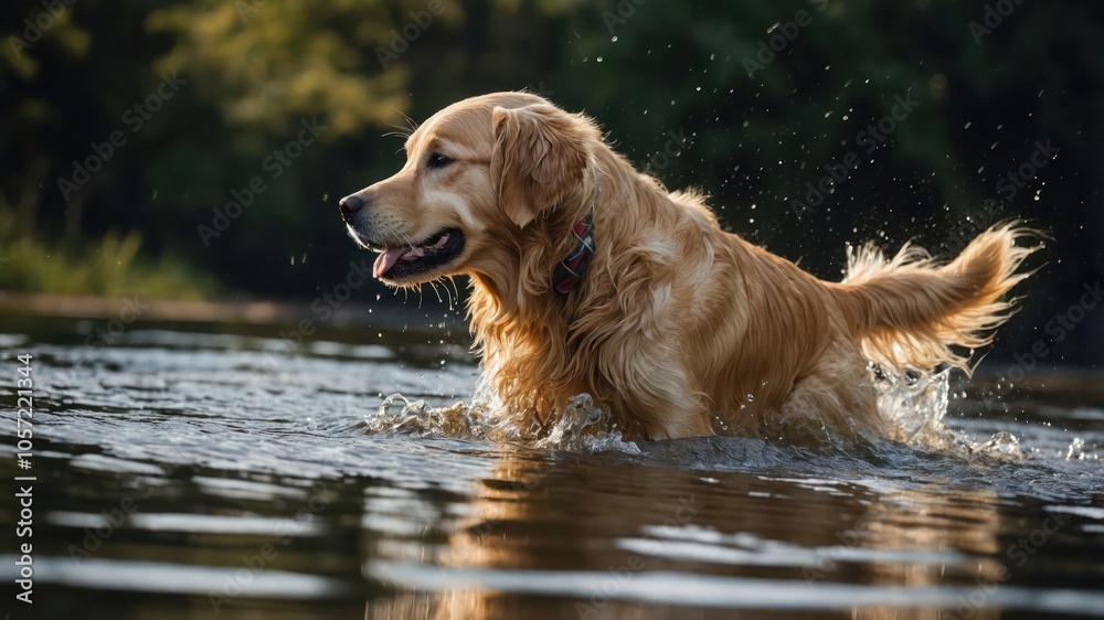 A golden retriever joyfully splashes through water in a serene natural setting. A golden retriever joyfully splashes through water in a serene natural setting.