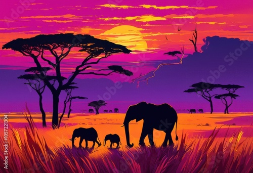 vibrant savanna safari landscape featuring silhouettes iconic wildlife colorful horizon, herbivore, carnivore, steppe, grassland, tourism, view, nature