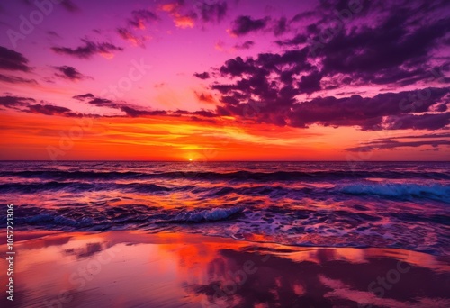 stunning sunset over calm ocean waters featuring vibrant hues serene reflections water surface, horizon, colors, sky, clouds, waves, beauty, tranquil