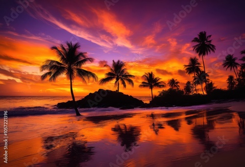 stunning tropical palm trees silhouette vibrant sunset serene beach setting, sky, waves, clouds, nature, landscape, horizon, water, shoreline, sunlight