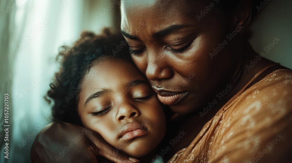 In an intimate moment, a mother gently cradles her sleeping child, evoking themes of protection, care, and deep emotional connection within a softly lit room.