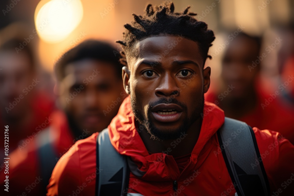A determined athlete in a red outfit, focused and ready for competition, surrounded by teammates. A determined athlete in a red outfit, focused and ready for competition, surrounded by teammates.