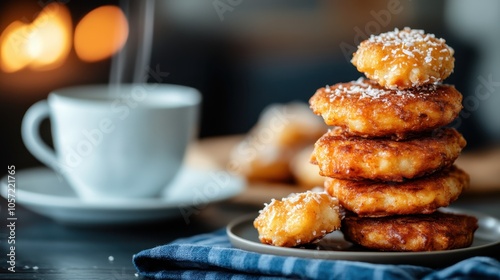 An inviting tower of glazed snacks, topped with coconut flakes, served alongside a steaming drink, presents a cozy kitchen scene perfect for relaxed digestion moments. photo