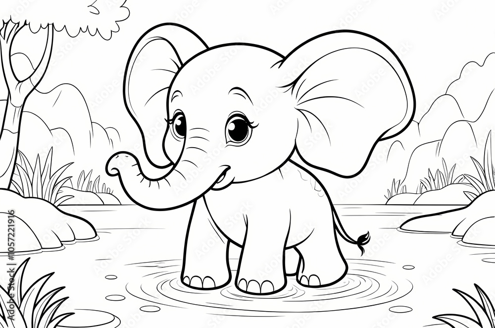 Obraz premium Cute Elephant Bathes in the River - African Savanna Coloring Book Page